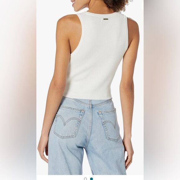 Guess  Women’s Size Large White Sydney Ribbed Sleeveless Sweater Lace Up Placket - Picture 3 of 12